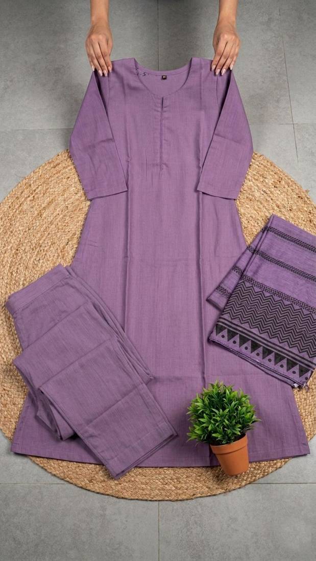 purple cotton blend embroidered kurta sets