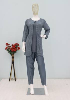Grey color faux georgette party wear  co ord set 3
