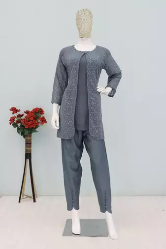 Grey color faux georgette party wear designer co ord set