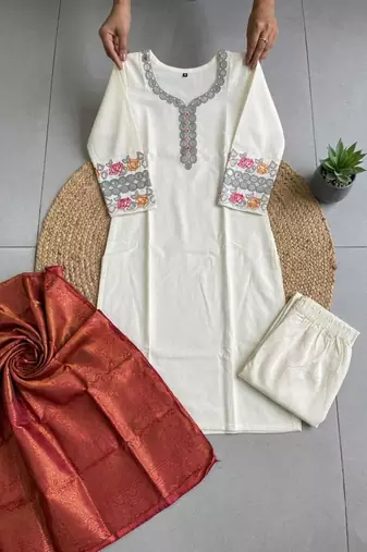 cream cotton blend embroidered kurta sets