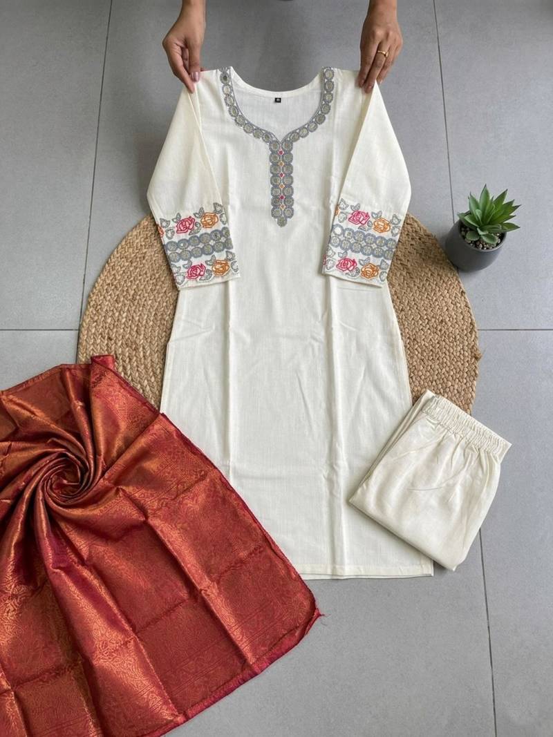 cream cotton blend embroidered kurta sets