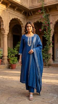 dark blue cotton blend embroidered kurta sets 1