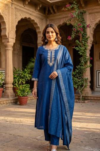 dark blue cotton blend embroidered kurta sets