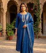 dark blue cotton blend embroidered kurta sets