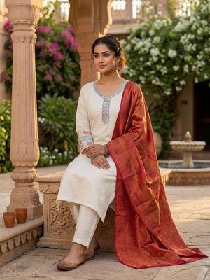 cream cotton blend embroidered kurta sets 4