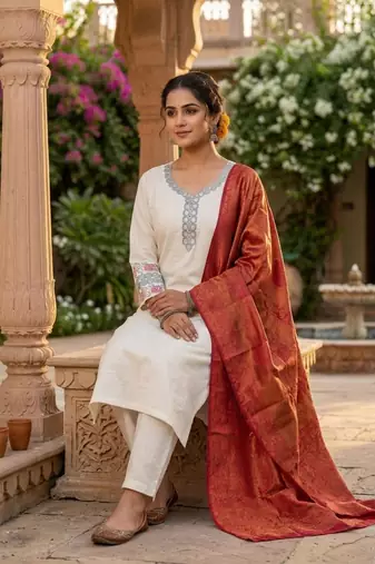cream cotton blend embroidered kurta sets