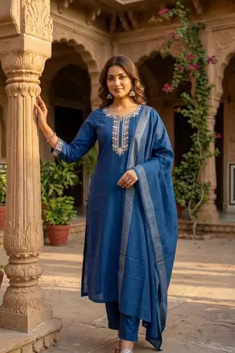 dark blue cotton blend embroidered kurta sets