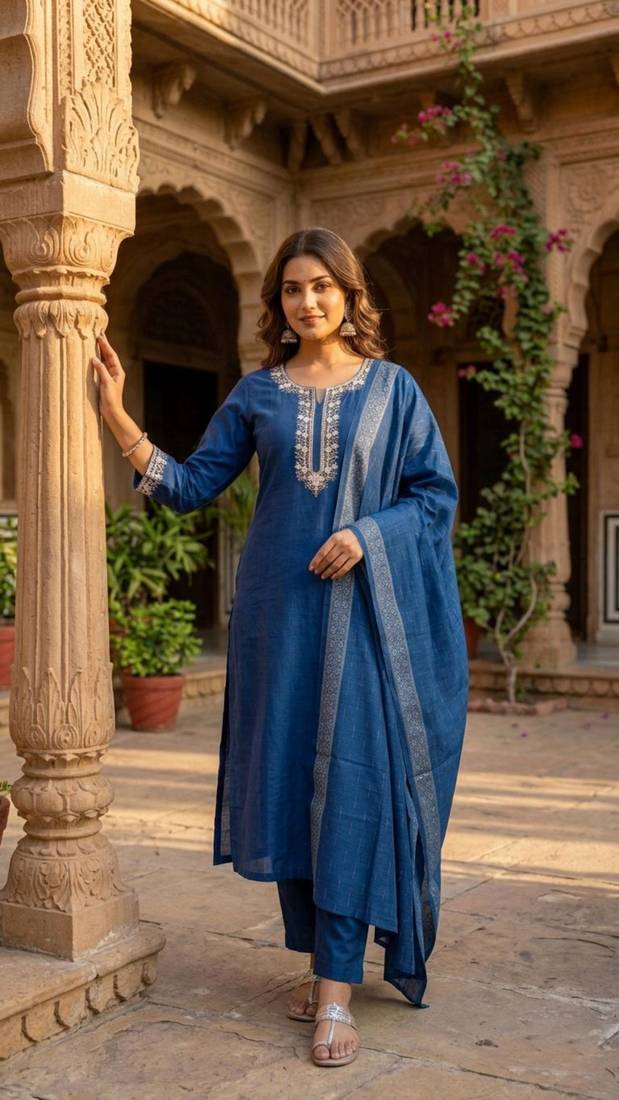 dark blue cotton blend embroidered kurta sets