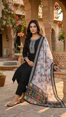 black cotton blend embroidered kurta sets 2