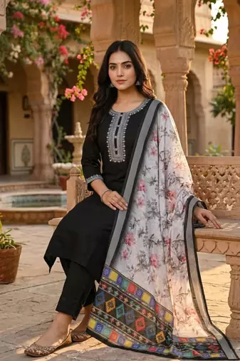black cotton blend embroidered kurta sets
