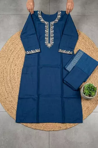 dark blue cotton blend embroidered kurta sets