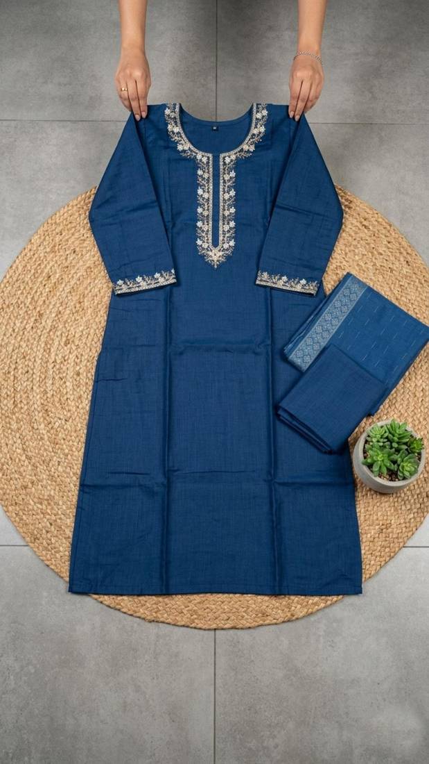 dark blue cotton blend embroidered kurta sets