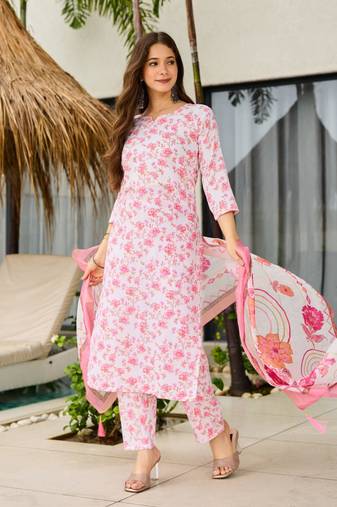 white silk blend printed kurta sets