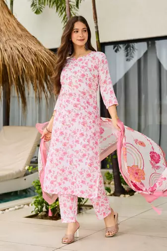 white silk blend printed kurta sets