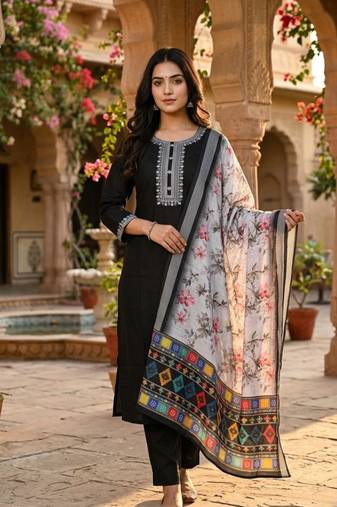 black cotton blend embroidered kurta sets