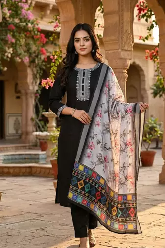 black cotton blend embroidered kurta sets