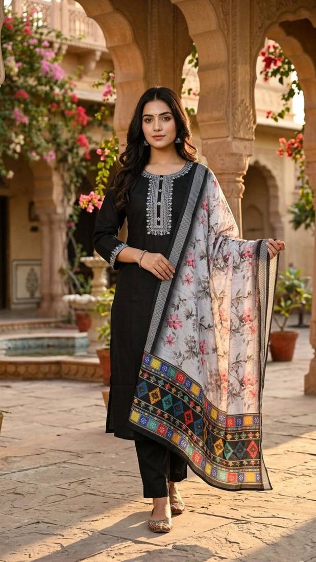 black cotton blend embroidered kurta sets