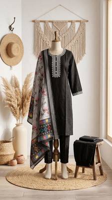 black cotton blend embroidered kurta sets 3