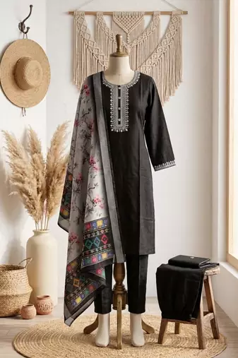 black cotton blend embroidered kurta sets