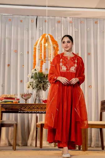 rust chanderi silk embroidered kurta sets