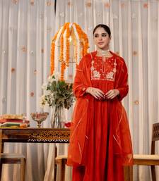 rust chanderi silk embroidered kurta sets