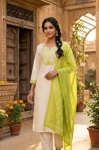 cream cotton blend embroidered kurta sets