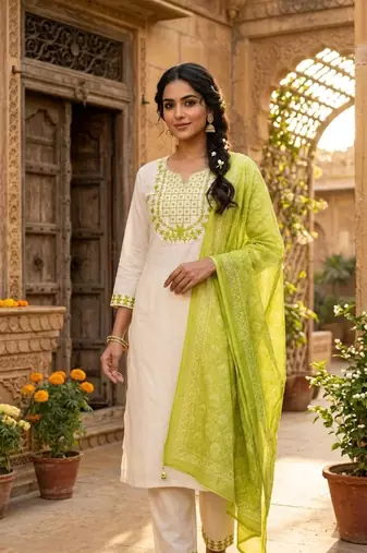 cream cotton blend embroidered kurta sets