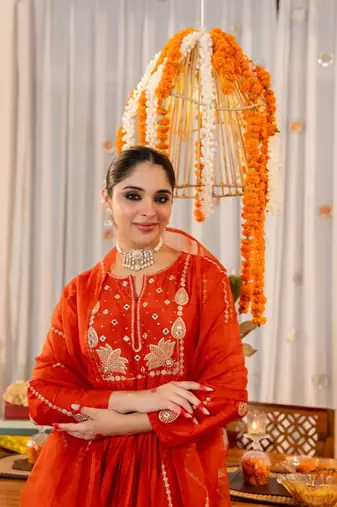 rust chanderi silk embroidered kurta sets