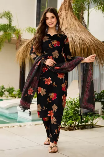 black silk blend printed kurta sets