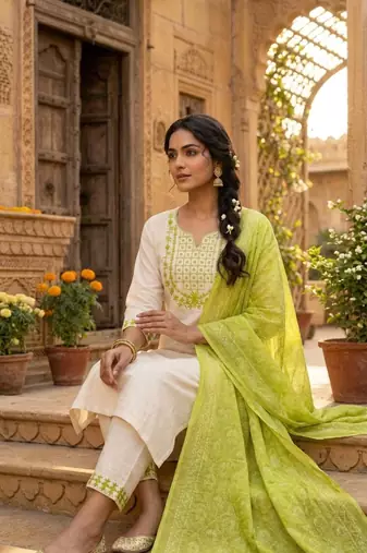 cream cotton blend embroidered kurta sets