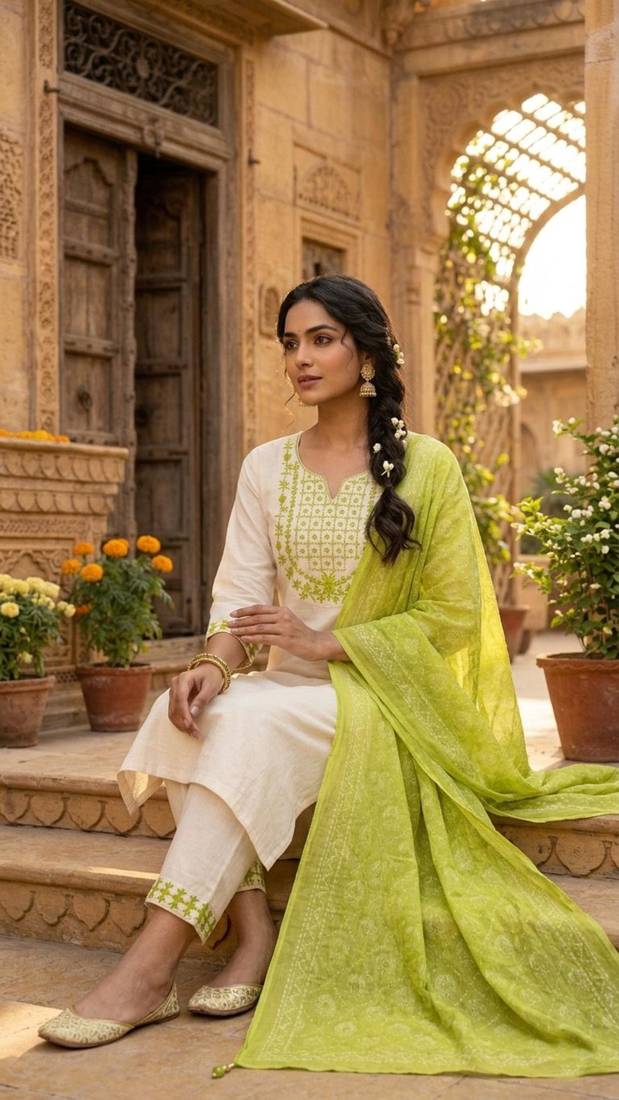 cream cotton blend embroidered kurta sets