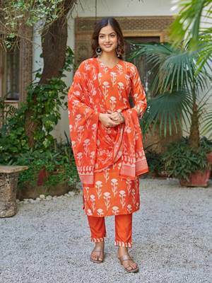 orange cotton blend printed kurta sets 2