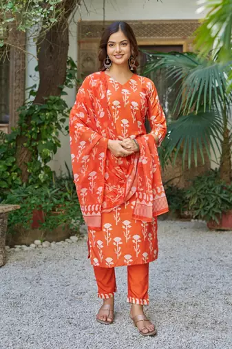orange cotton blend printed kurta sets
