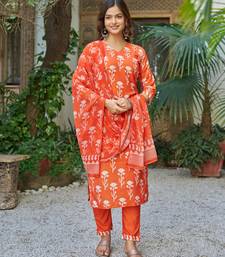 orange cotton blend printed kurta sets