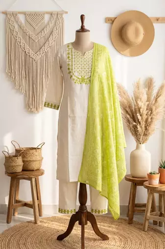 cream cotton blend embroidered kurta sets