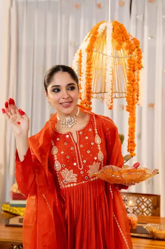rust chanderi silk embroidered kurta sets