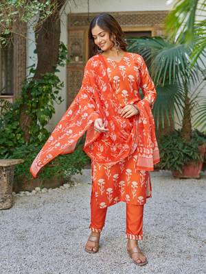orange cotton blend printed kurta sets 3