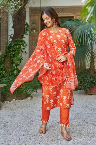 orange cotton blend printed kurta sets