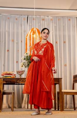 rust chanderi silk embroidered kurta sets 5