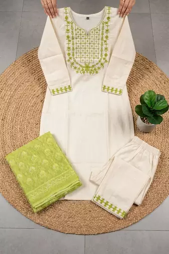 cream cotton blend embroidered kurta sets