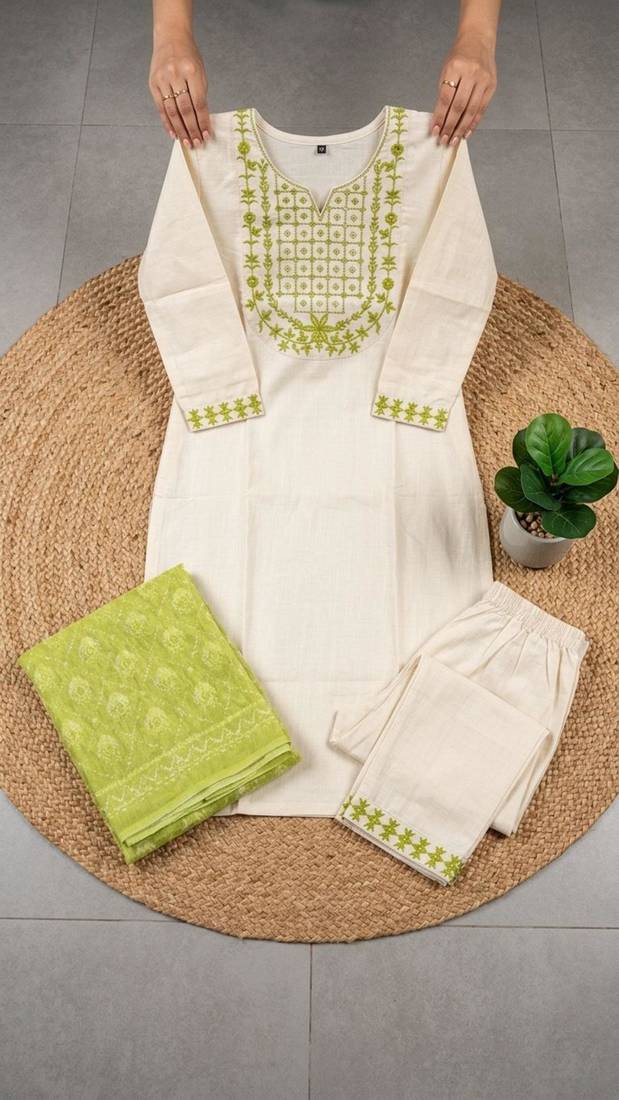 cream cotton blend embroidered kurta sets