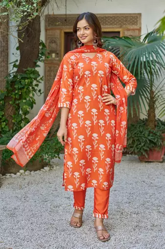 orange cotton blend printed kurta sets