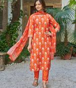 orange cotton blend printed kurta sets