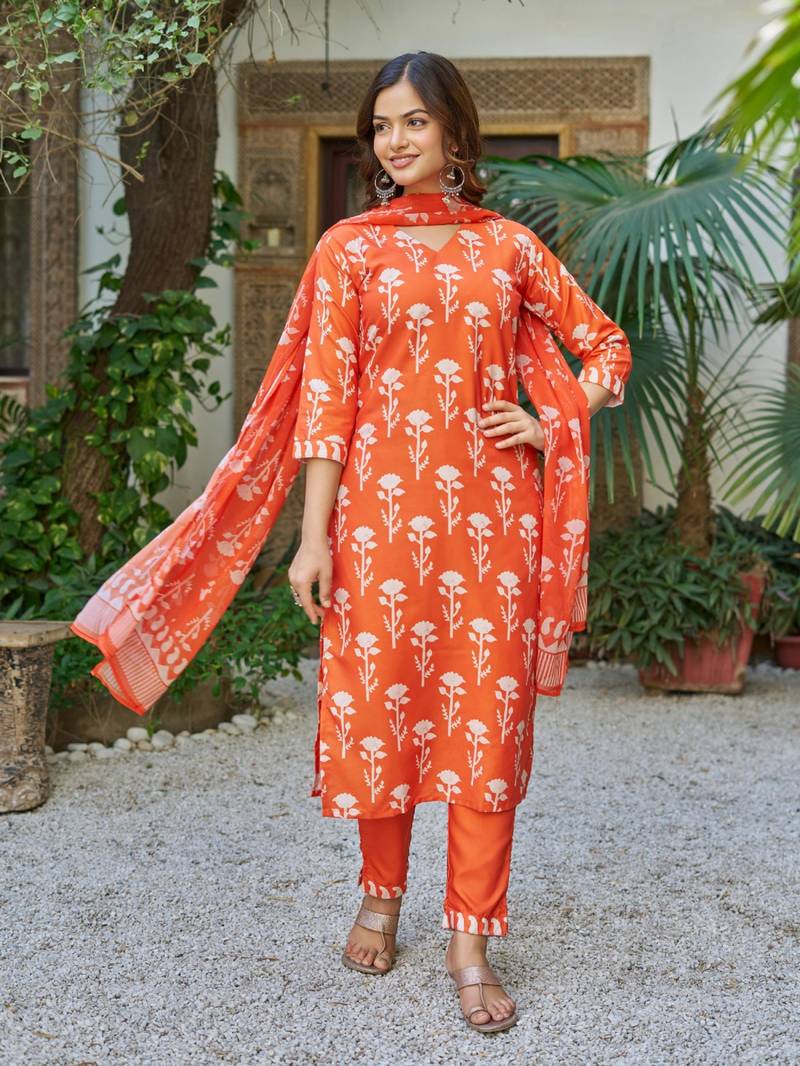 orange cotton blend printed kurta sets