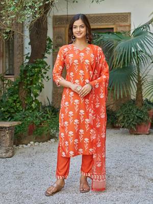 orange cotton blend printed kurta sets 4