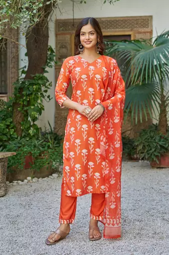 orange cotton blend printed kurta sets