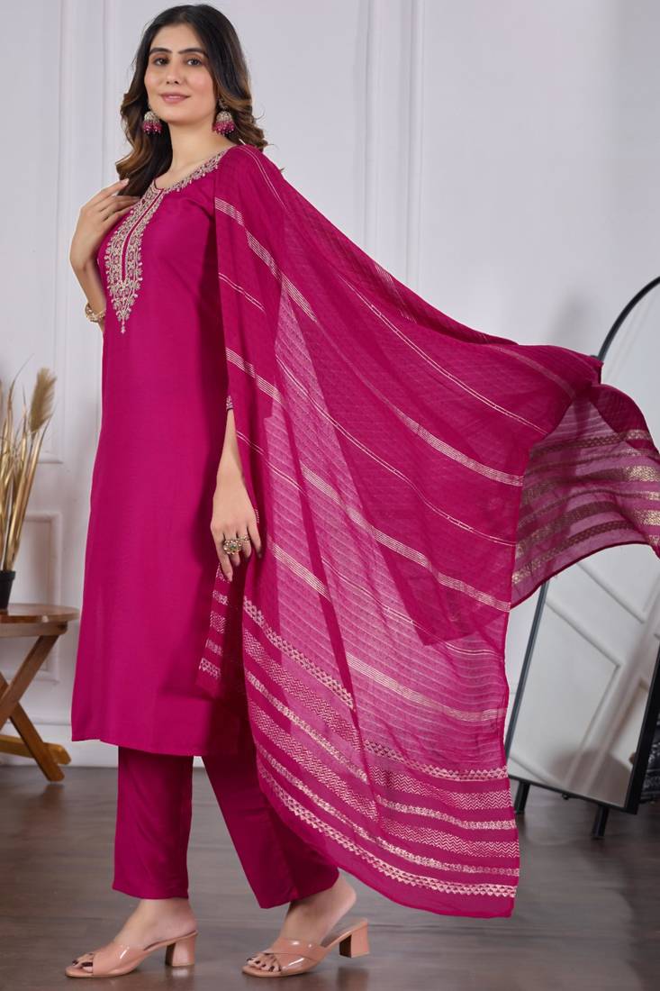 magenta rayon embroidered kurta sets