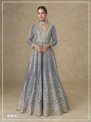 Lavender color chinnon silk heavy embroidery work party wear long gown 1