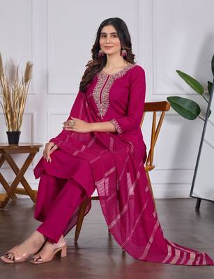 magenta rayon embroidered kurta sets 4