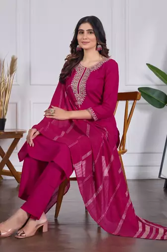 magenta rayon embroidered kurta sets